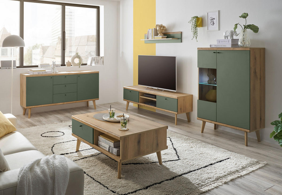 SIDEBOARD Salbei grün, Eiche Evoke, skandinavisch 160 cm, Kommode mit Vollauszug - Salbeigrün/Eichefarben, Holz/Holzwerkstoff (160/83/40cm) - Furn.Design