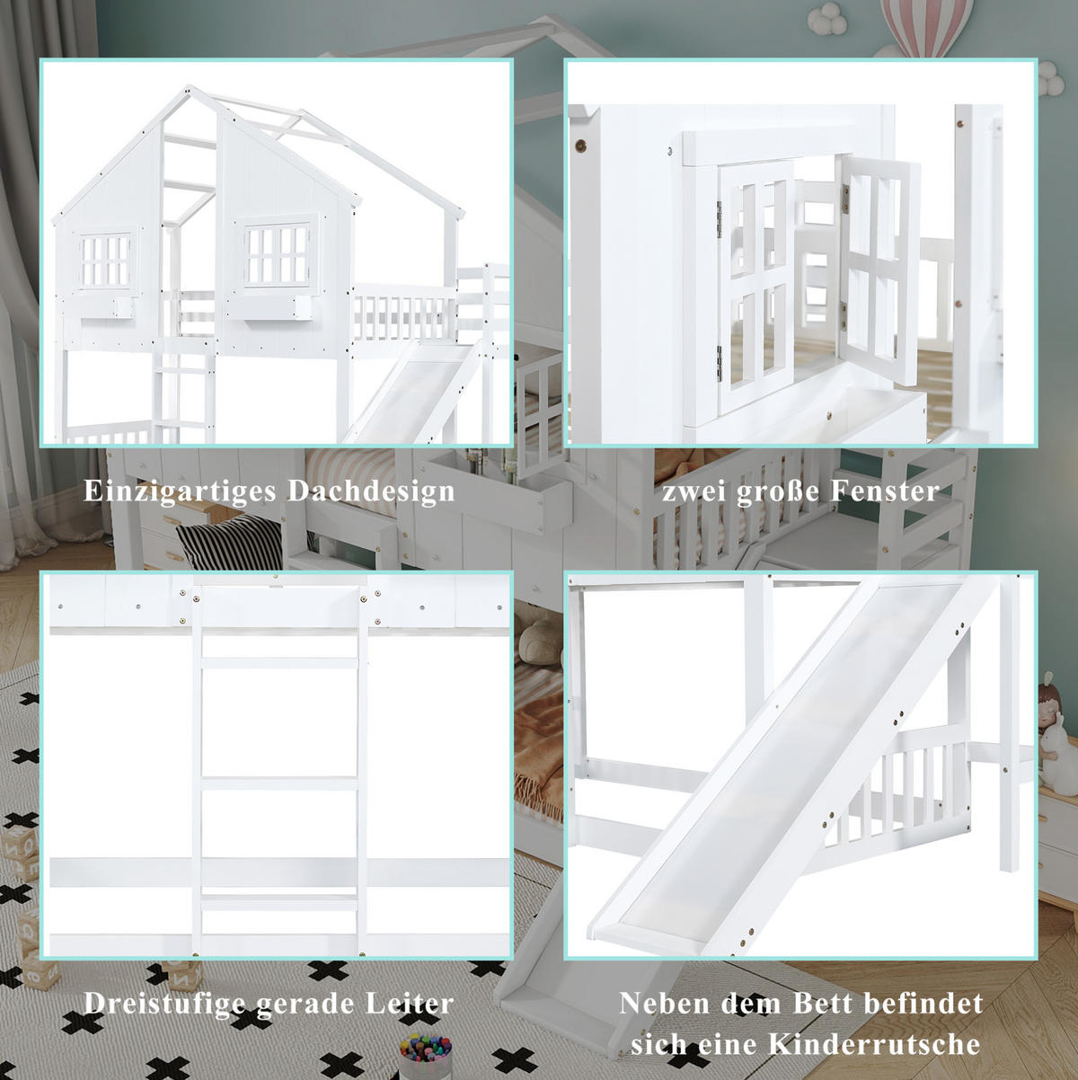 ETAGENBETT aus Kiefer und MDF 90x200 cm Weiß/Natur mit Rutsche, Dach, Fenstern und Fallschutz - Weiß, Holzwerkstoff (90/200cm) - Modfu