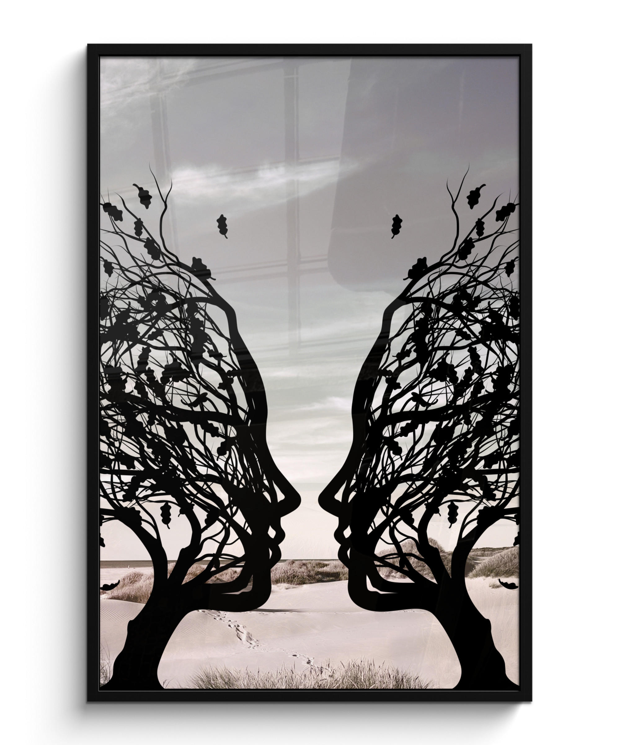 GERAHMTES BILD Strand - Meer - Menschen - Baum - Moderne Kunst 80x120 cm - Hellgrau, Papier (80/120cm) - MuchoWow