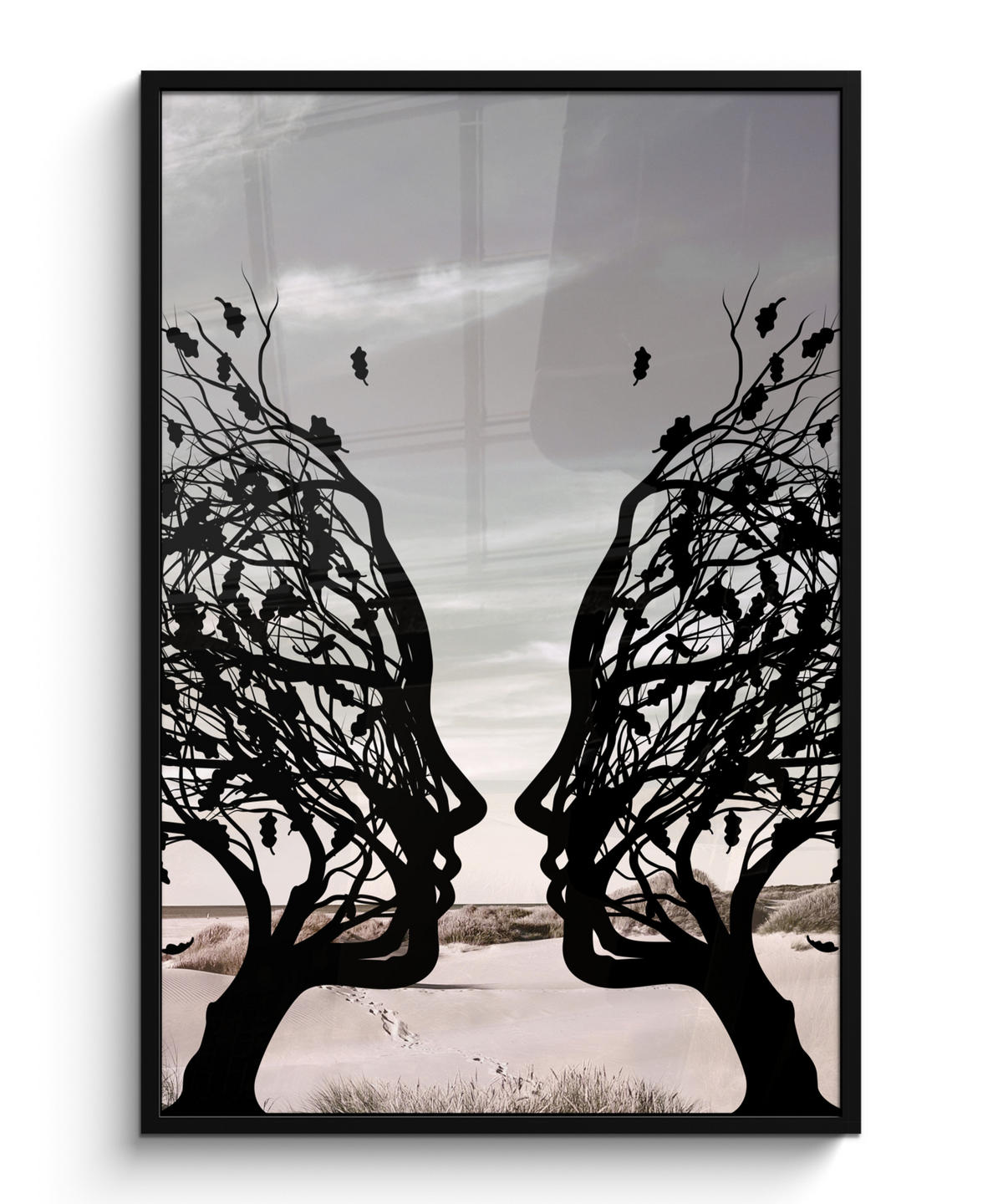 GERAHMTES BILD Strand - Meer - Menschen - Baum - Moderne Kunst 80x120 cm - Hellgrau, Papier (80/120cm) - MuchoWow