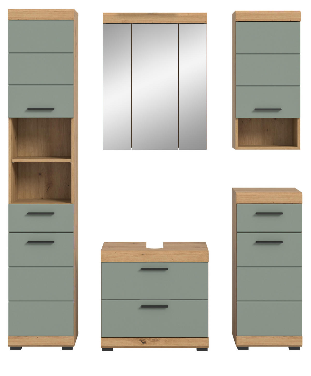 BADMÖBEL-SET Salbei grün, Eiche Artisan 5-teilig 164 cm, Komplettset mit viel Stauraum - Salbeigrün/Schwarz, Glas/Holzwerkstoff (164/191/37cm) - Inn.Furn