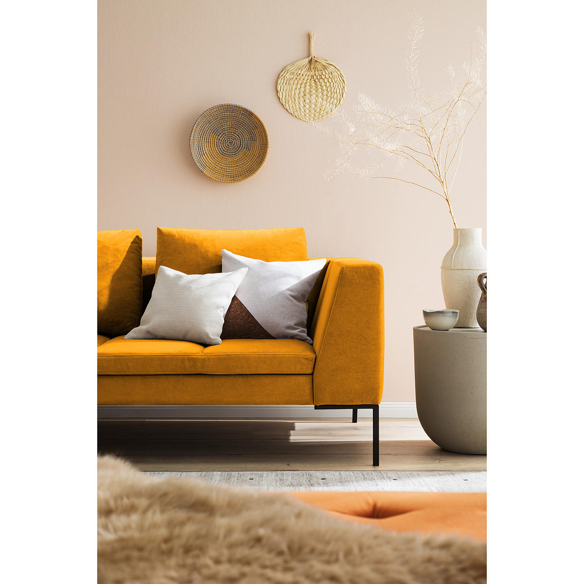 3-SITZER SOFA - Samt - Gelb, Textil/Metall (238/81/195cm) - home24