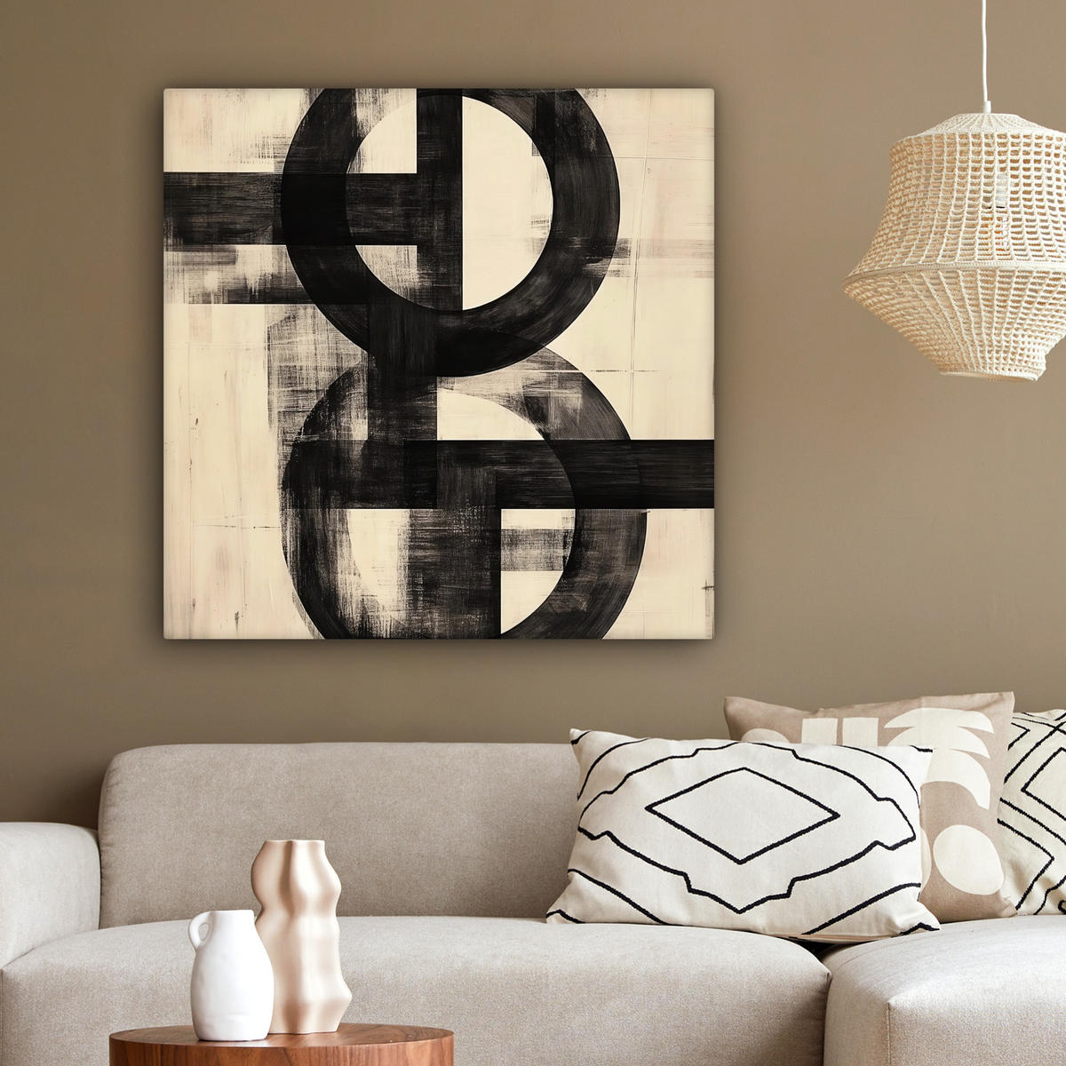 LEINWANDBILD Kreise - Balken - Schwarz - Abstrakt Deko Groß 90x90 cm - Schwarz, Textil (90/90cm) - MuchoWow