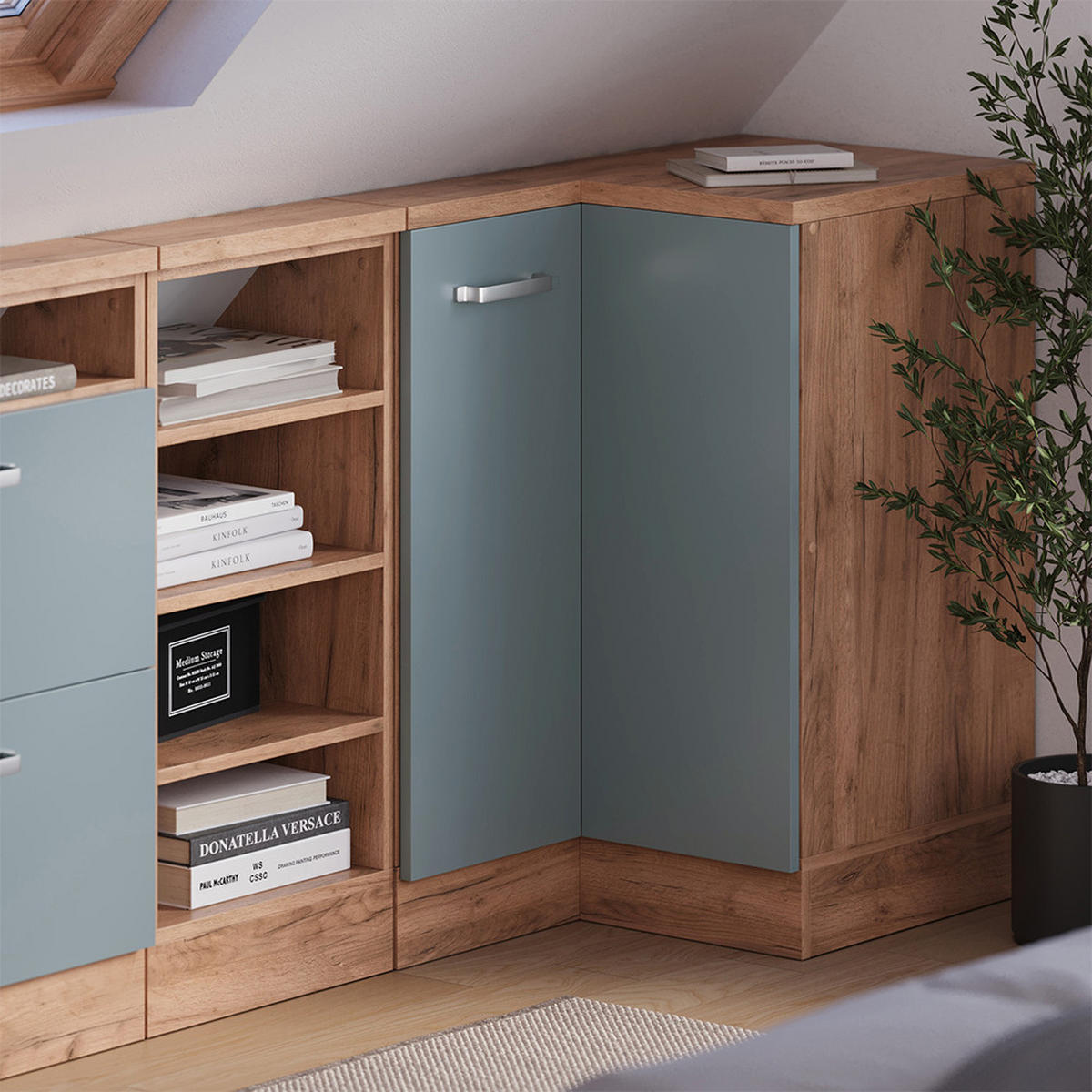 DACHSCHRÄGENSCHRANK ECKSCHRANK Rion Blau-Grau/Goldkraft Eiche 75.6 x 81.6 cm mit 1 Tür - Honigeiche/Blaugrau, Holzwerkstoff (75.6/81.6/75.6cm) - Vicco