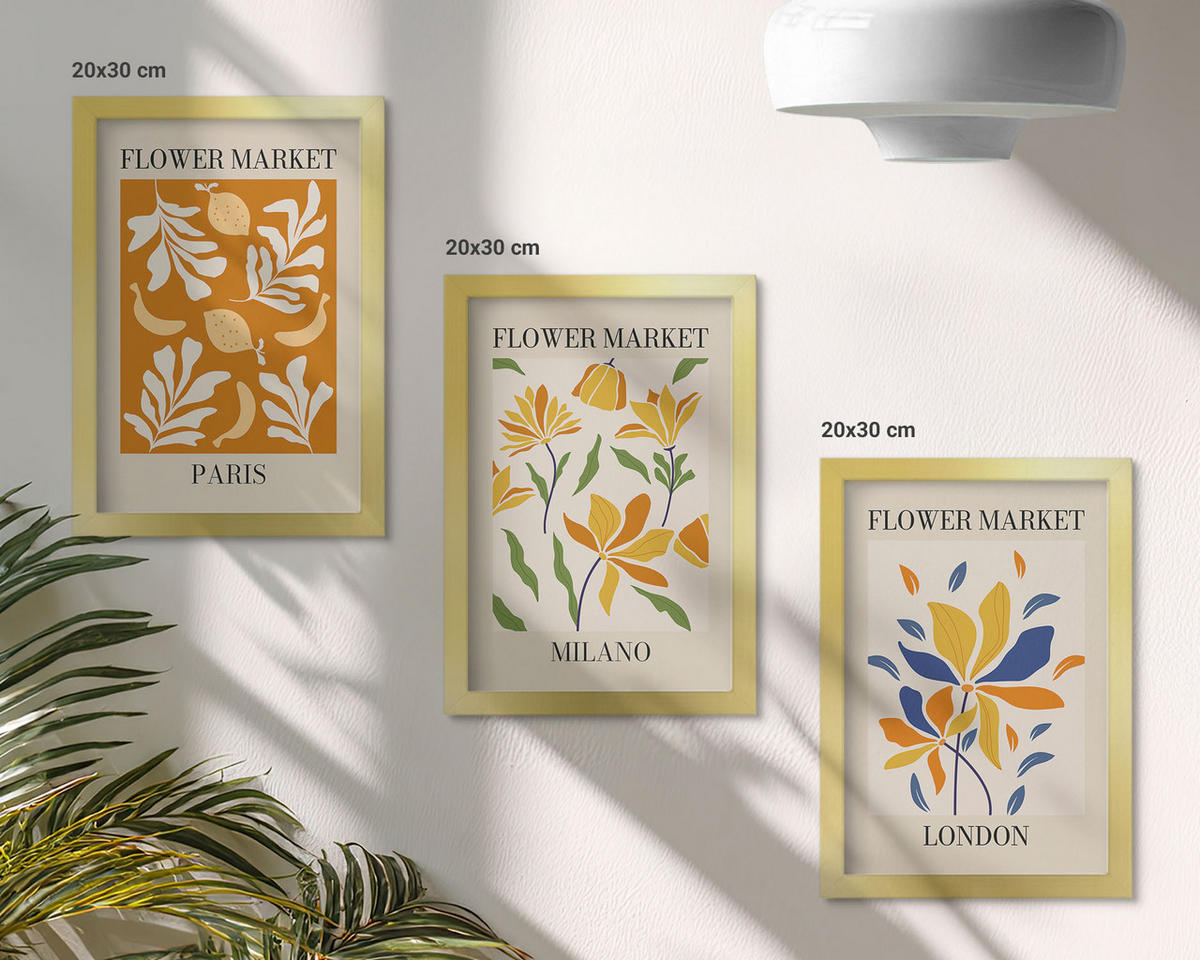 BILDER SET 3er Set - 20x30 cm Goldrahmen - Blumenposter Paris Mailand London - Goldfarben, Kunststoff (20/30cm) - TULUP