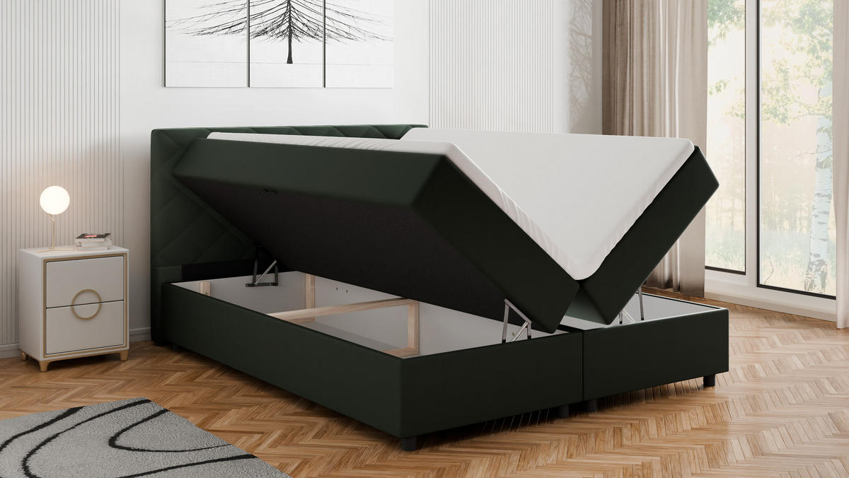 BOXBETT Diamaro 160x200 cm mit Bettkasten und Topper - Dunkelgrün - Grün, Holz (160/200cm) - Panda Möbel