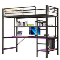 HOCHBETT mit Schreibtisch 90/200 cm in Schwarz – mit Regal, USB und LED - Schwarz, Metall (90/200cm) - BEAOK