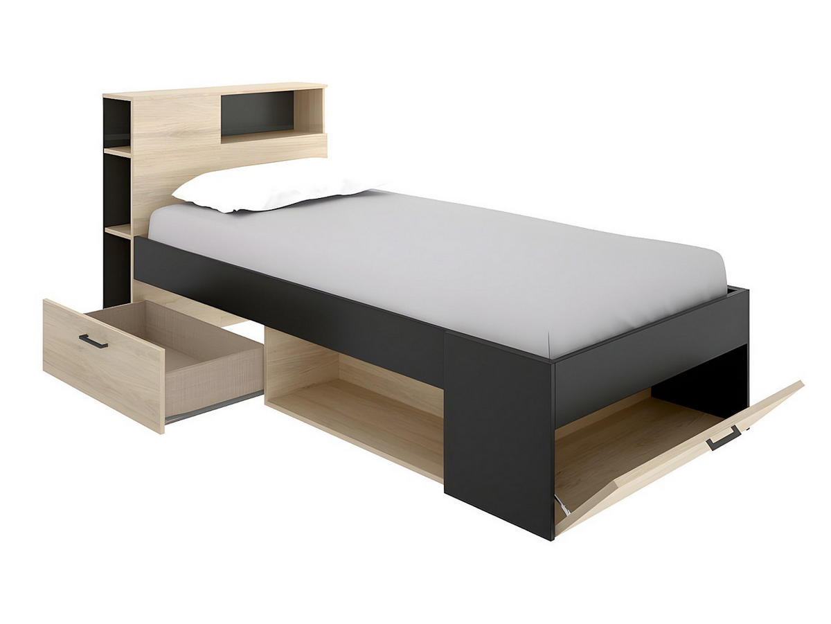 BETT mit Kopfteil, Stauraum & Schublade + Matratze + Lattenrost - 90 x 190 cm - Naturfarben & Anthrazit - LEANDRE - Anthrazit, Holz (99.5/218.5cm) - Vente-Unique