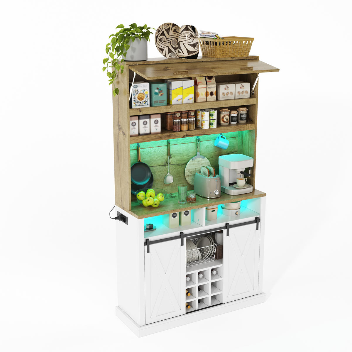 BUFFET 191 cm MDF Natur Weiß mit Vitrine, Weinregal und RGB-LED - Weiß, Holzwerkstoff (40/191/110cm) - Korfee