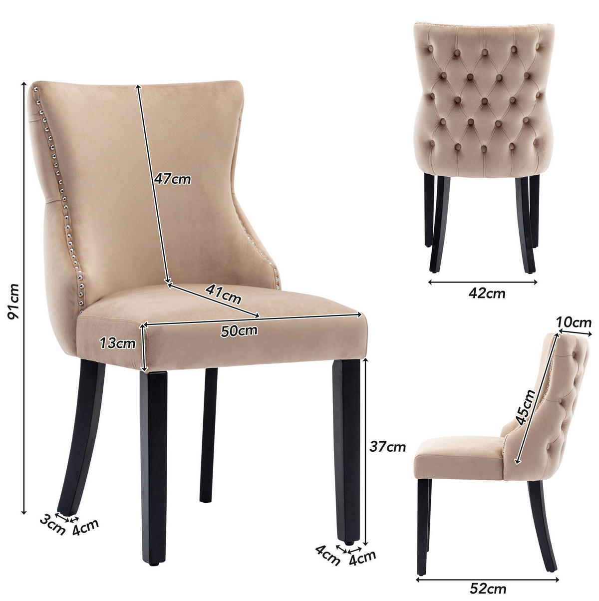 STUHL Esszimmer mit Rückenlehne 50 x 41 x 91 cm Samt Beige 2er-Set - Beige, Metall (41/91/50cm) - Meubliv