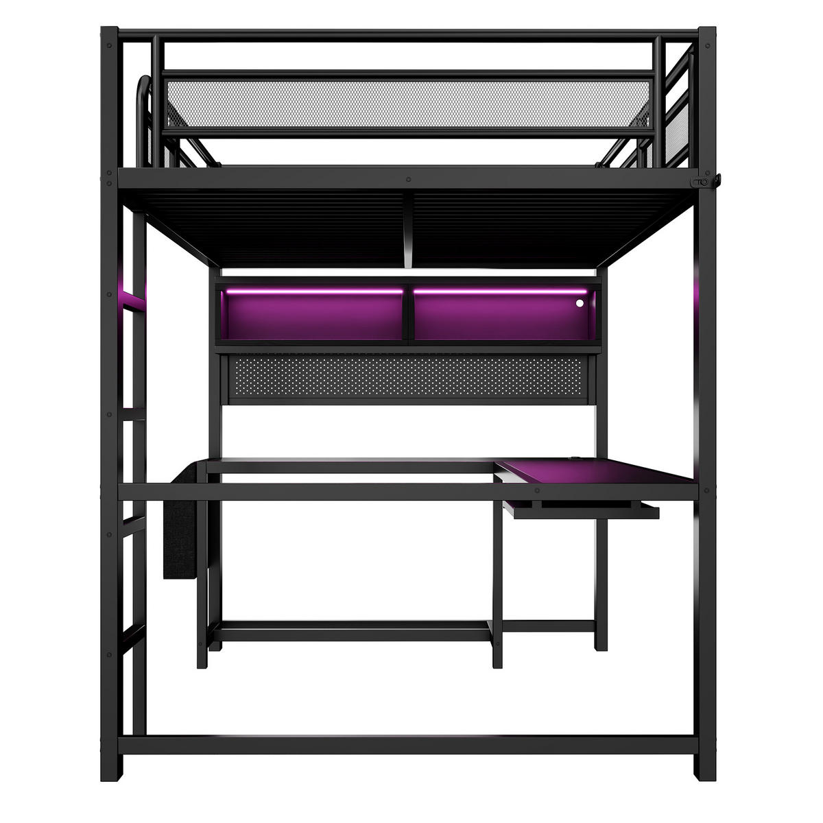 HOCHBETT 140/200 cm in Schwarz aus MDF und Metall mit Schreibtisch, LED und USB - Schwarz, Holzwerkstoff/Metall (140/200cm) - WISHDOR