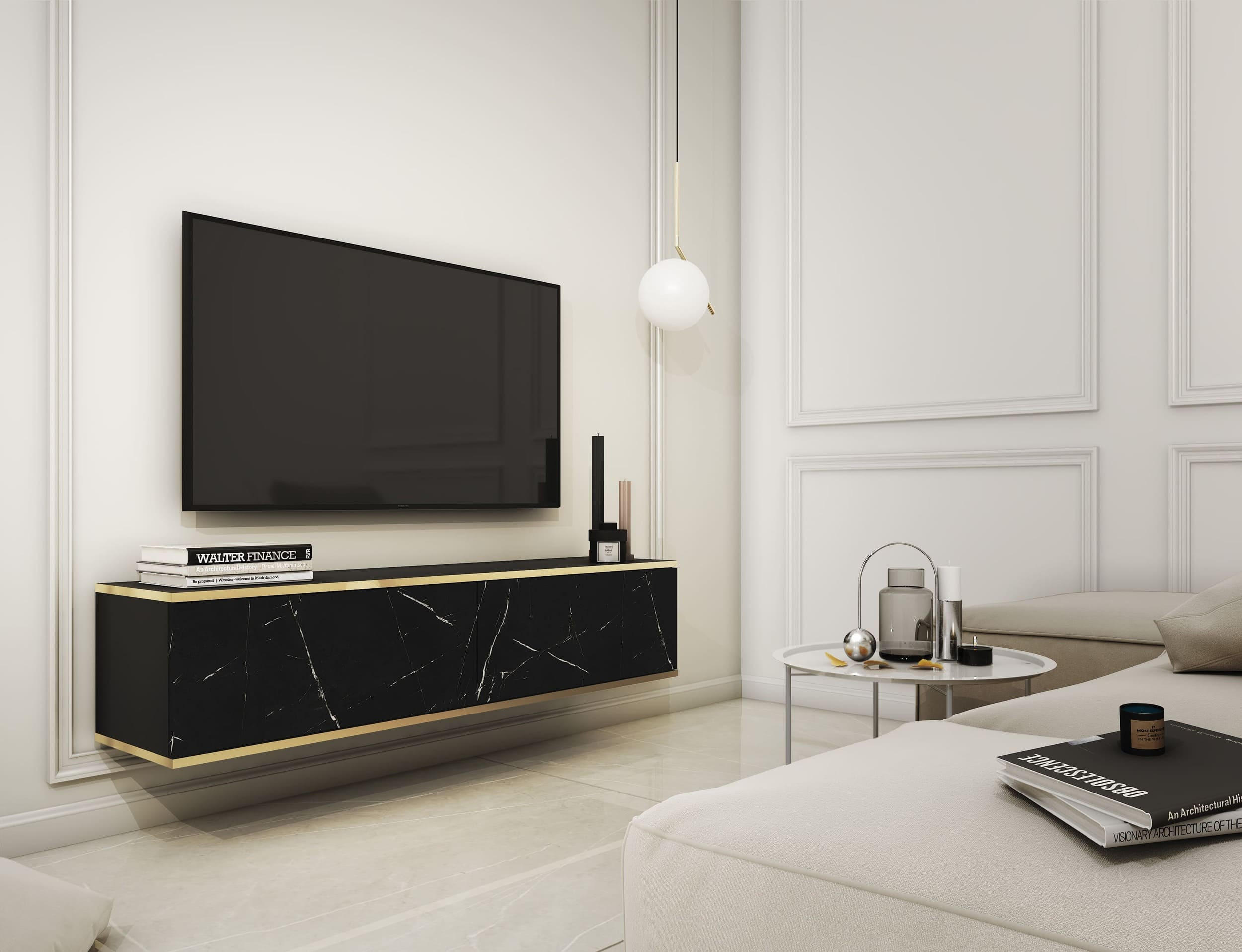 HÄNGELOWBOARD - Dayn RTV-135 - Schwarz Marmor - Schwarz/Weiß, Holzwerkstoff (135/30/32cm)