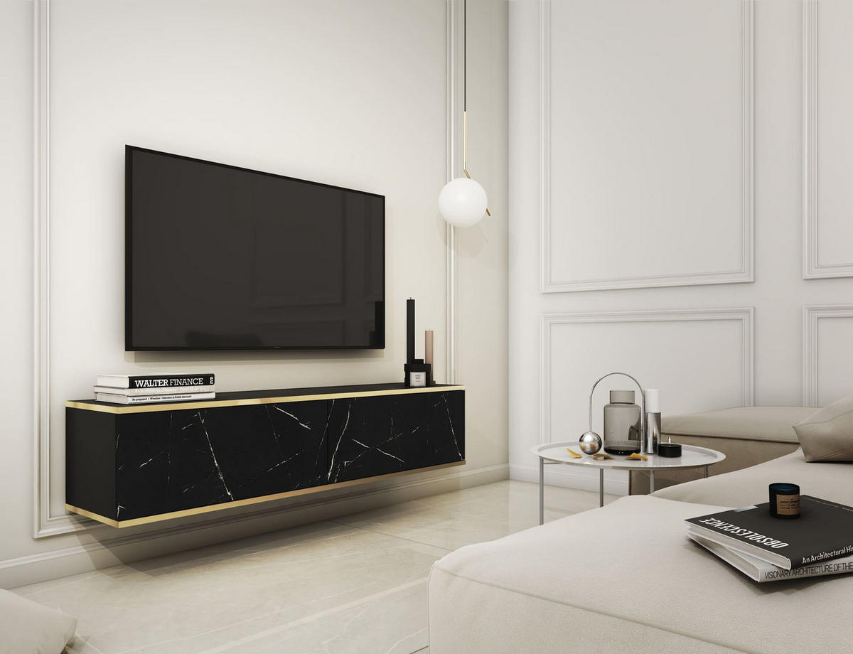 HÄNGELOWBOARD - Dayn RTV-135 - Schwarz Marmor - Schwarz/Weiß, Holzwerkstoff (135/30/32cm)