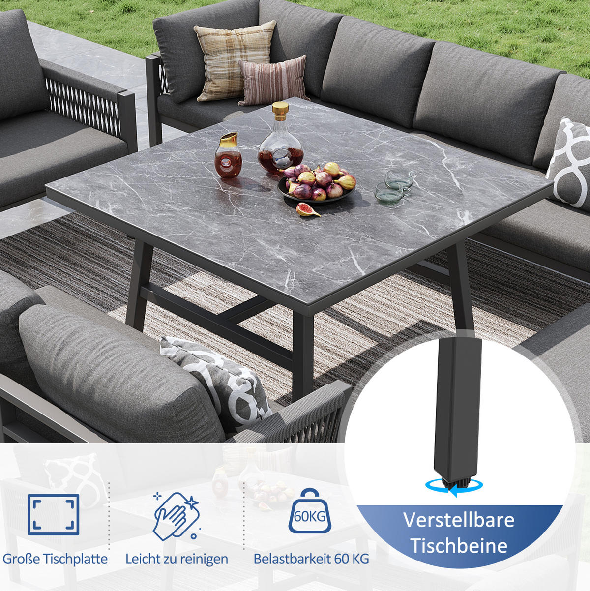GARTENLOUNGE 118/61/80 cm grau aus Eisen mit Marmorglastisch und waschbaren Polstern - Grau, Metall - OKWISH
