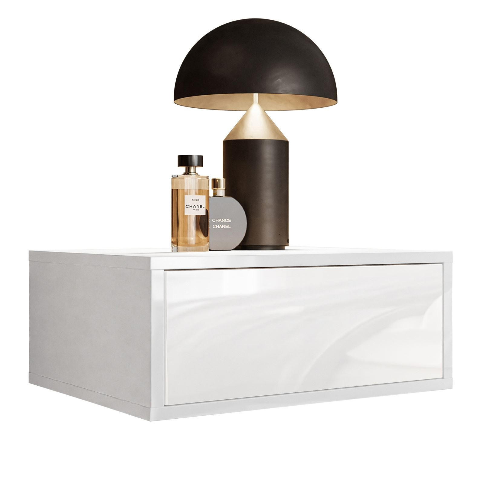 HÄNGENDER Nachttisch BLANCO Hochglanz Weiß PUSH OPEN - Weiß Hochglanz, Holzwerkstoff (45/20/36.6cm) - Lookway