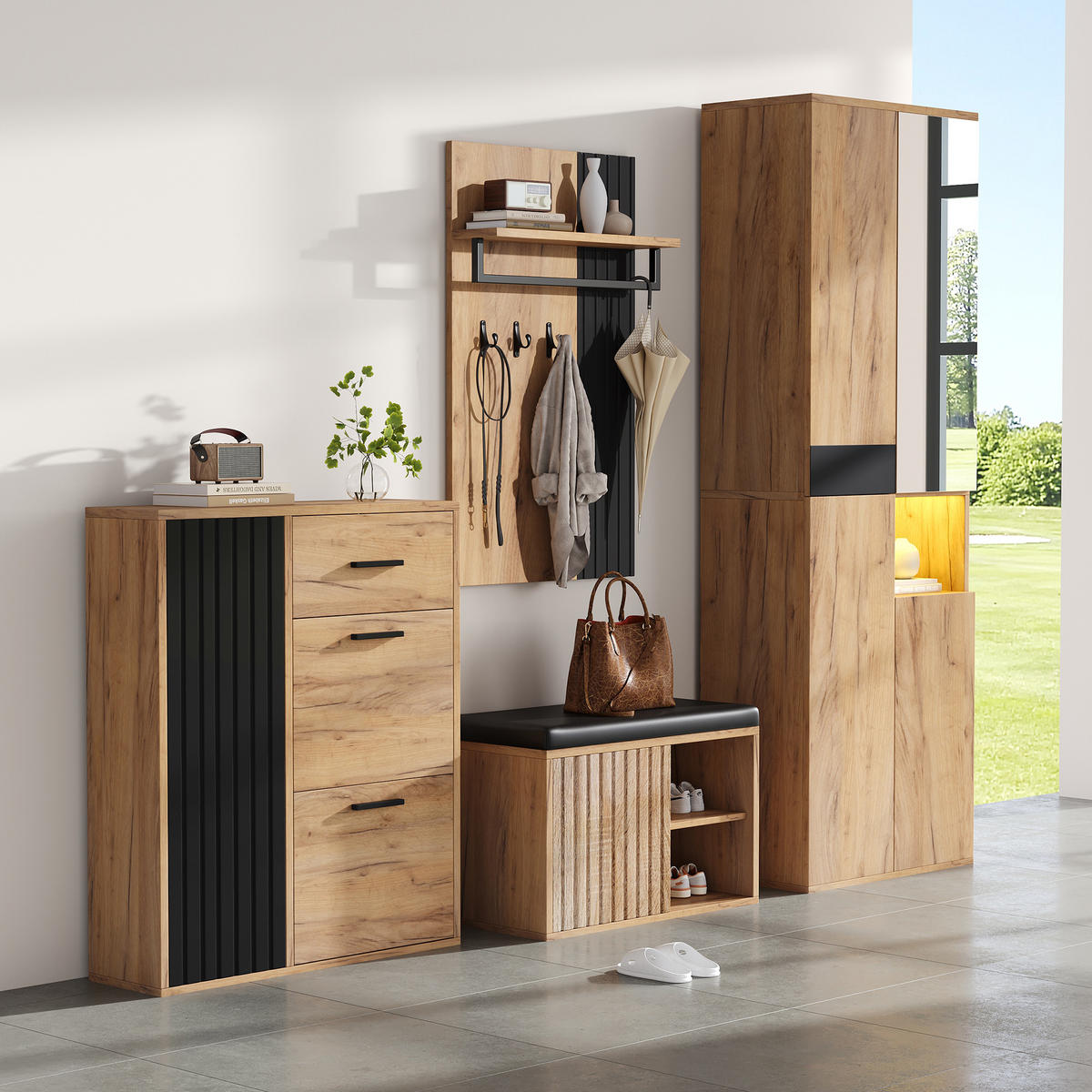 GARDEROBENSET 4-tlg Wand Natur Schwarz 215x36x190cm - Multicolor, Holzwerkstoff (36/190/215cm) - FLIEKS