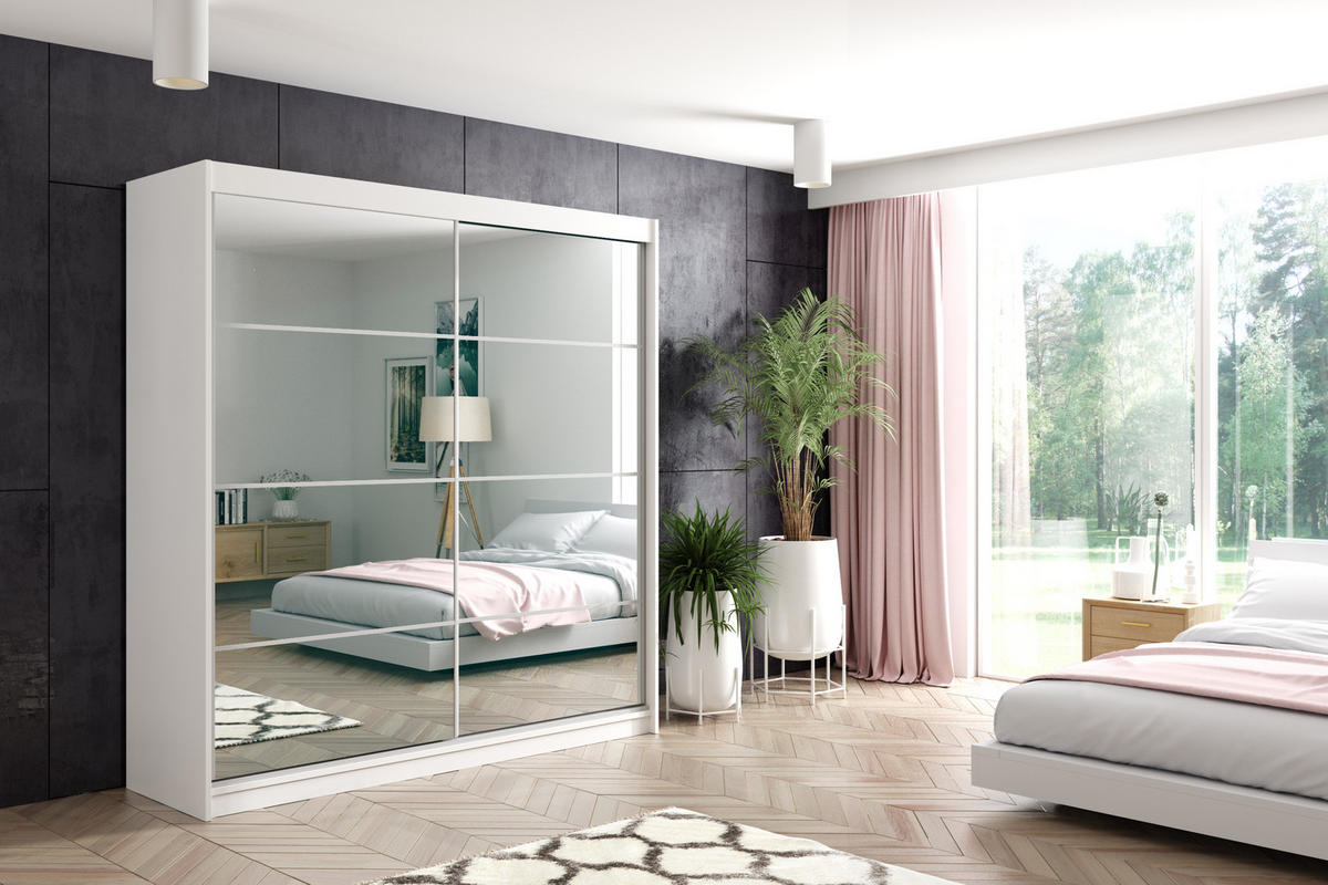 KLEIDERSCHRANK mit Spiegel-Schiebetüren und Aluminium-Leisten, LED-Beleuchtung - VIVONA - 200 cm Weiß - Weiß, Holzwerkstoff (200/216/61cm) - ALTDECOR