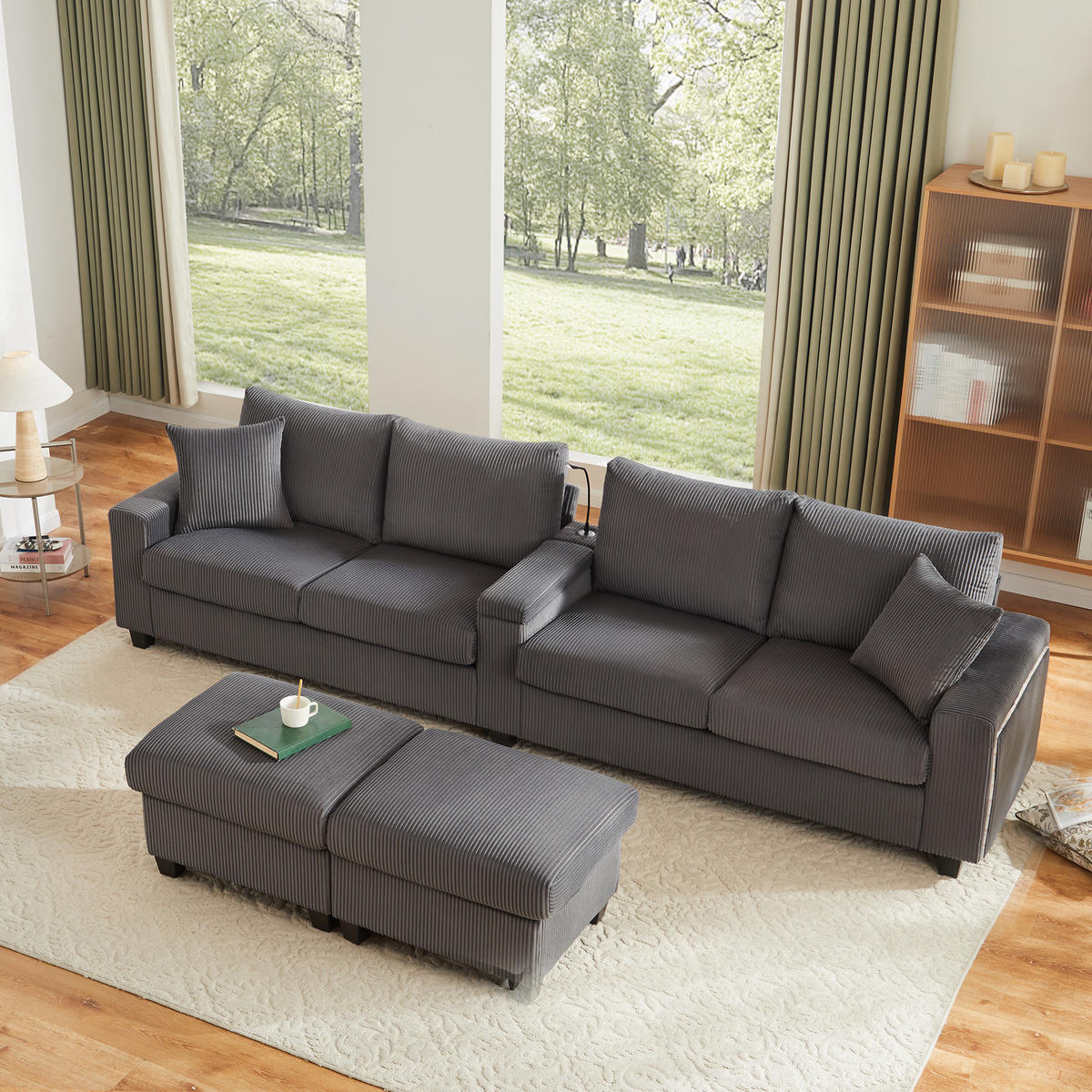 SOFA, U-Form, 2 Hocker, LED-Beleuchtung, Grau, 334x128.5x81cm - Grau, Textil (128.5/81/334cm) - FLIEKS