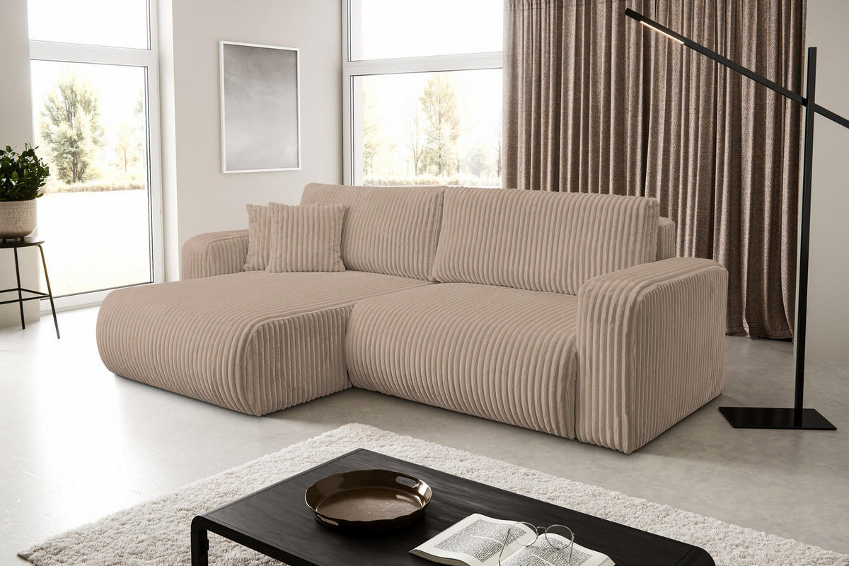ECKSOFA Tilly, Eckcouch in L-Form mit Schlaffunktion und Bettkasten, Farbe: Braun, Cordstoff, Ottomane Universal - Braun, Textil (244/142cm) - VENASI MÖBEL
