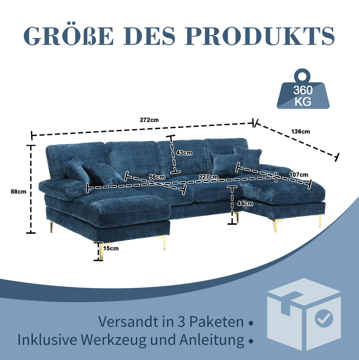 U-FORM Wohnlandschaft Chenille mit 2 Liegeflächen 272/136/88 cm Blau - Blau, Textil/Metall (136/88/272cm) - Redom