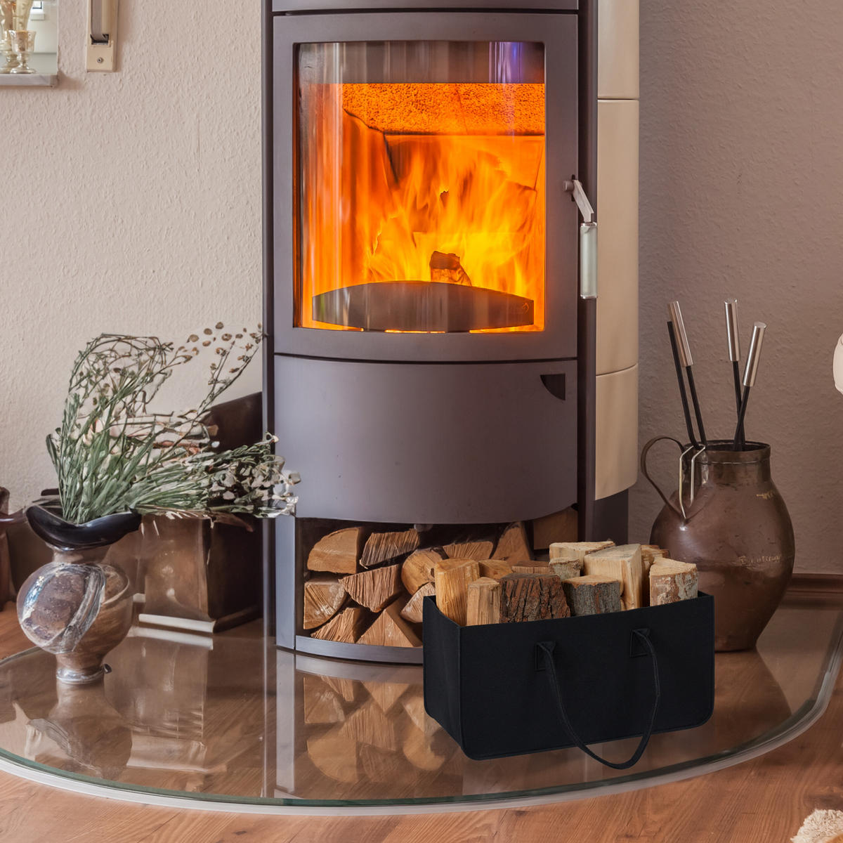 2XKAMINHOLZTASCHE - Schwarz, Textil (50/25/25cm) - Relaxdays