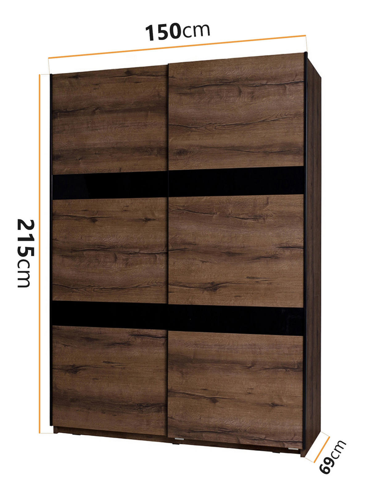 SCHWEBETÜRENSCHRANK Martin 150/215/69 2-türig - Schwarz Hochglanz/Schwarz, Holzwerkstoff/Metall (150/215/69cm) - Ravio