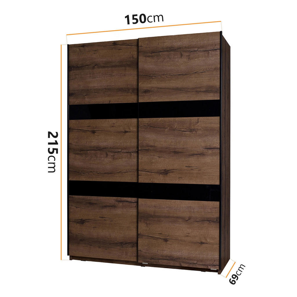 Thumbnail - Ravio Schwebetürenschrank, Braun, Schwarz Hochglanz, Metall, Rechteckig,Rechteckig, 150x215x69 cm, Schlafzimmer, Kleider...