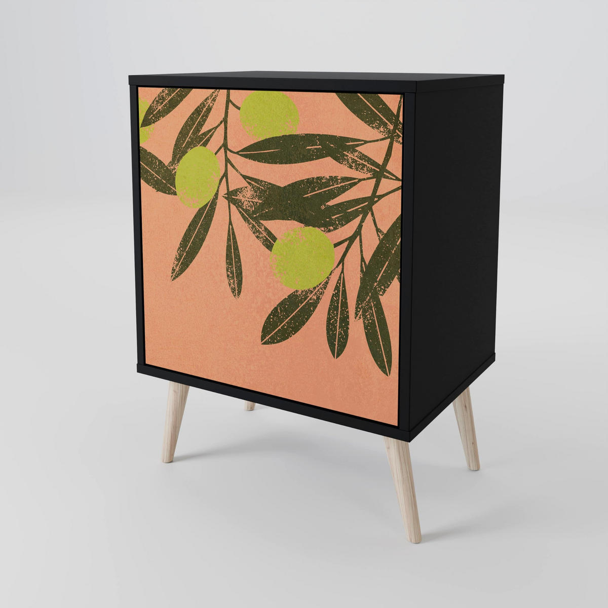 SIDEBOARD JUICY OLIVES, Schwarz, 57,5x42x72,5 cm, Schwarze Metallfüße - Multicolor/Schwarz, Holzwerkstoff/Metall (57.5/72.5/42cm) - SpaceRebels