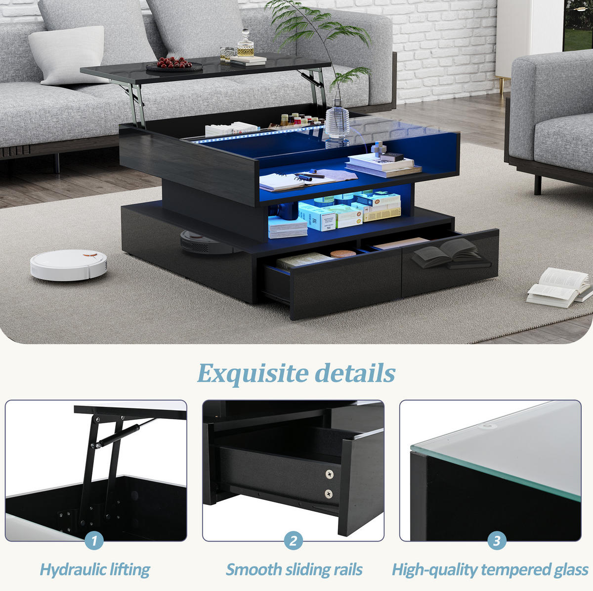 COUCHTISCH aus Spanplatte 80x80x45 cm Schwarz mit Hubfunktion, LED-Beleuchtung und 2 Schubladen - Schwarz, Holzwerkstoff (80/80/45cm) - IVMEU