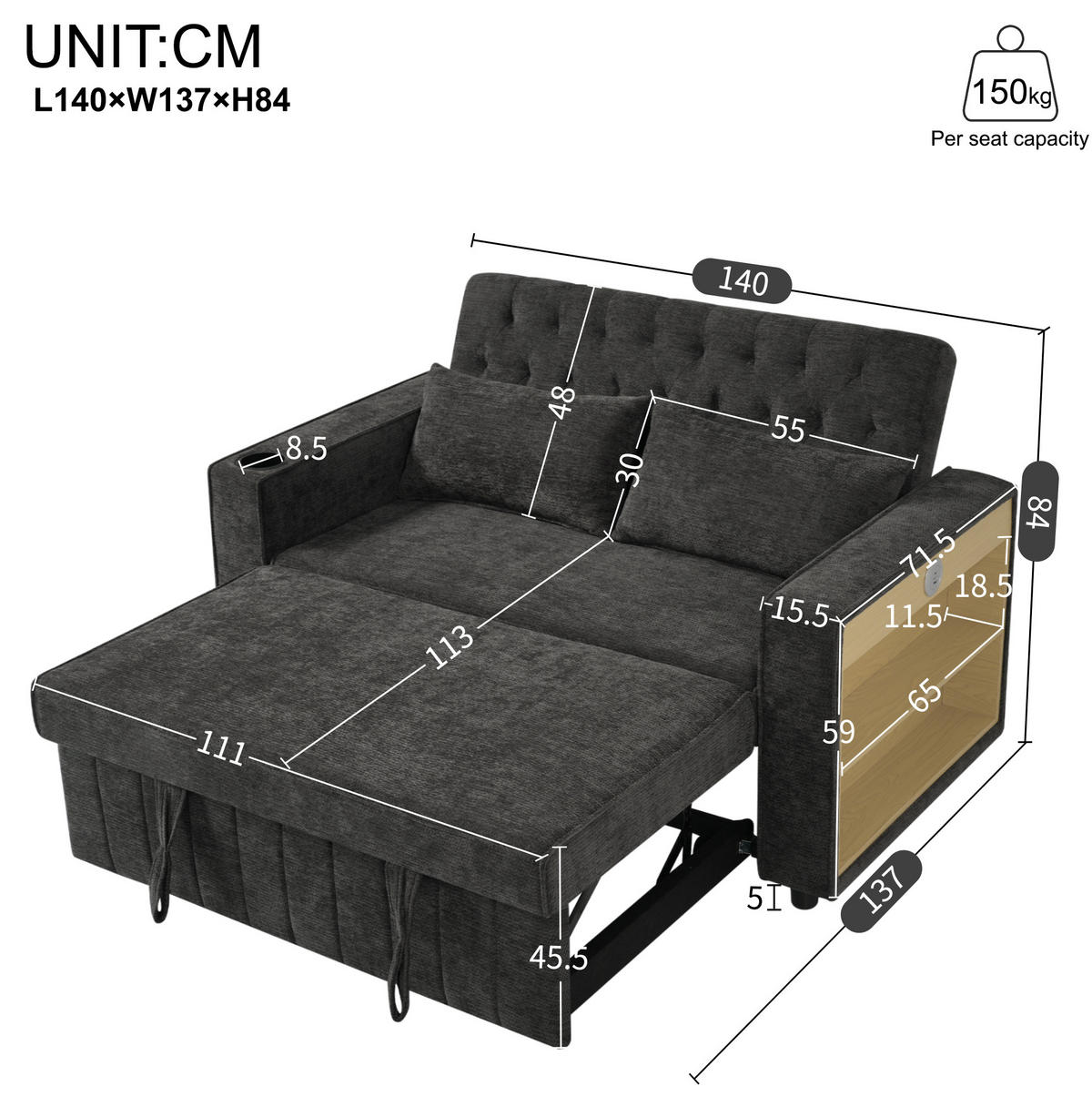 TROSJED na razvlačenje od chenillea, 140/137/84 cm siv, s USB priključkom i držačem za piće - siva, tekstil (140/84/137cm) - BEAOK