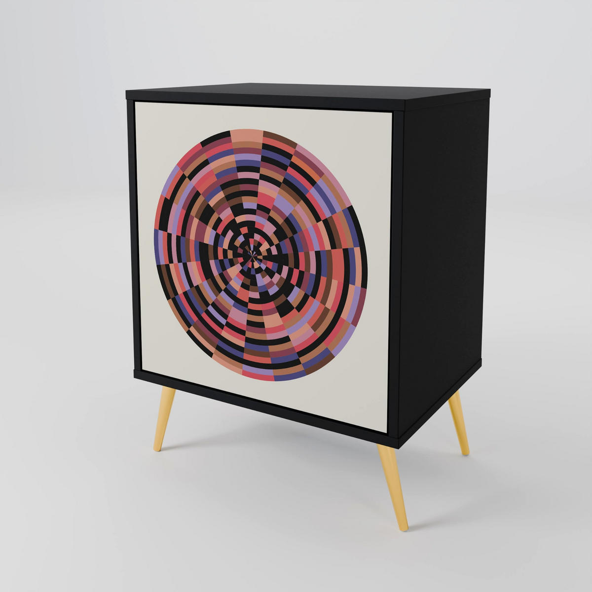 SIDEBOARD BROWN CIRCLES, Schwarz, 57,5x42x72,5 cm, Schwarze Metallfüße - Multicolor/Schwarz, Holzwerkstoff/Metall (57.5/72.5/42cm) - SpaceRebels