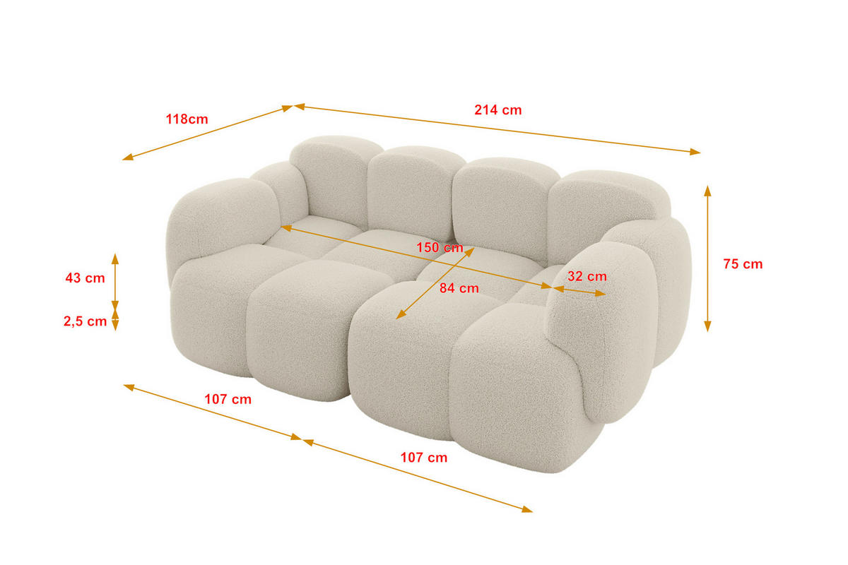 2-SITZER modulares Sofa Miko-S1 214x118x75 cm Beige Bouclé - Sandfarben/Schwarz, Holzwerkstoff/Kunststoff (214/75/118cm) - ALTDECOR