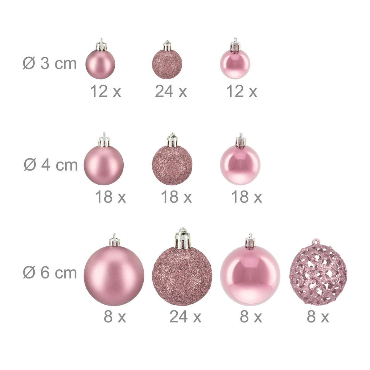 150-TLG.WEIHNACHTSKUGELN-SET - Rosa, Kunststoff (6/7/6cm) - Relaxdays