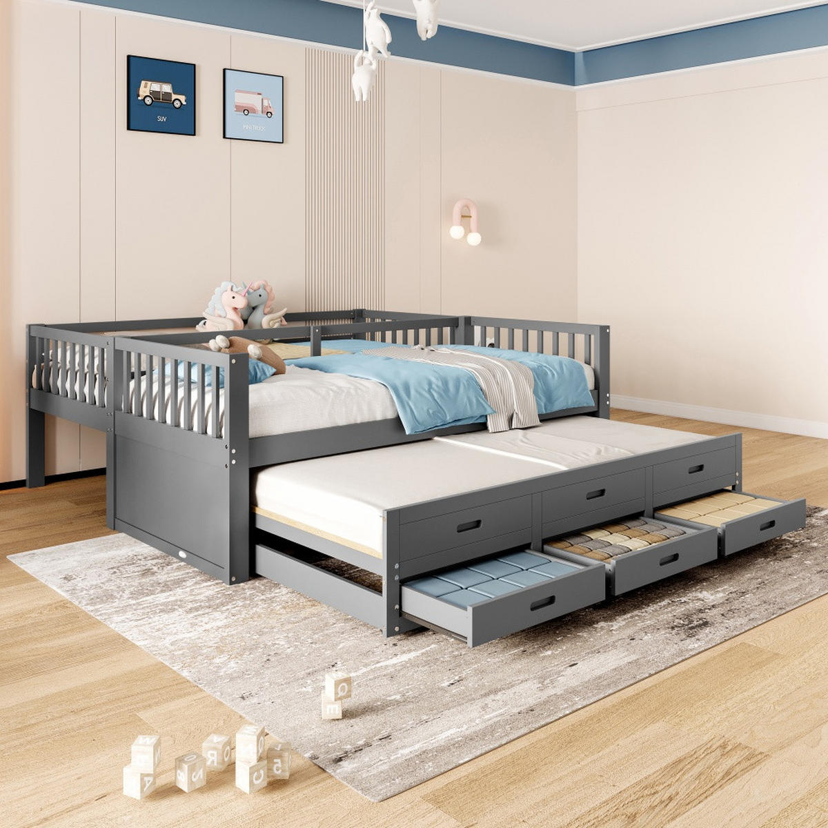 KINDERBETT90X200 cm, Leiter mit Ausziehbett und Schubladen, schlichtes Design, grau - Grau, Holz (90/200cm)