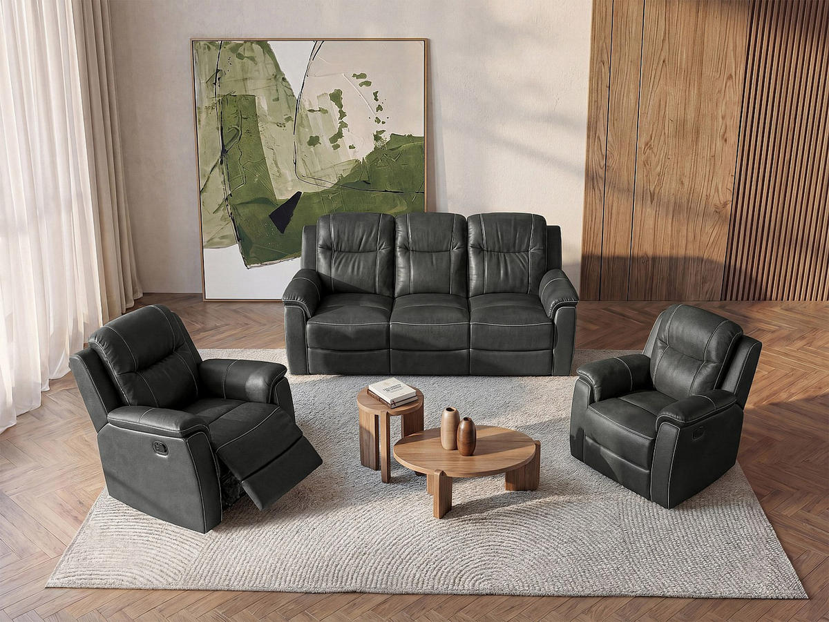 COUCHGARNITUR mit Sessel - 5 Personen - leder - anthrazitgrau Evasion - Anthrazit, Leder (205/100/96cm) - Vente-Unique