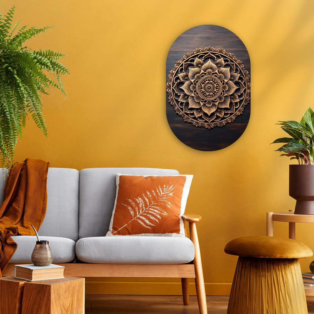 WANDBILD Mandala - Holz - Blumen - Braun 40x60 cm - Gelb, Kunststoff (40/60cm) - MuchoWow