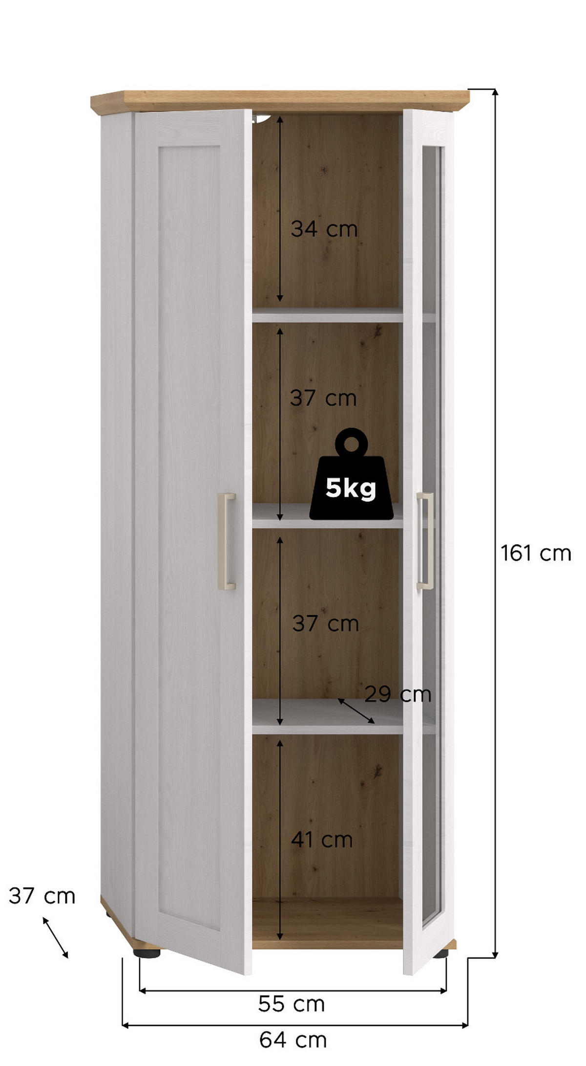 VITRINE weiß Lärche, Eiche Artisan 64 cm, Vitrinenschrank im Landhaus-Stil - Silberfarben/Schwarz, Holzwerkstoff/Kunststoff (64/161/37cm) - Inn.Furn