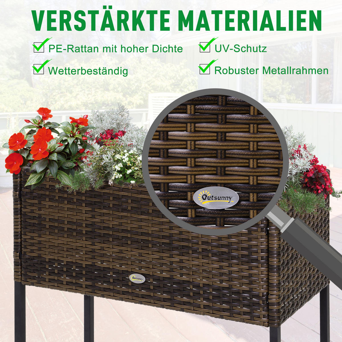 POLY Rattan Hochbeet mit Füßen Rattan Ablage Braun 70 x 30 x 70 cm - Braun, Metall (30/70/70cm) - Outsunny
