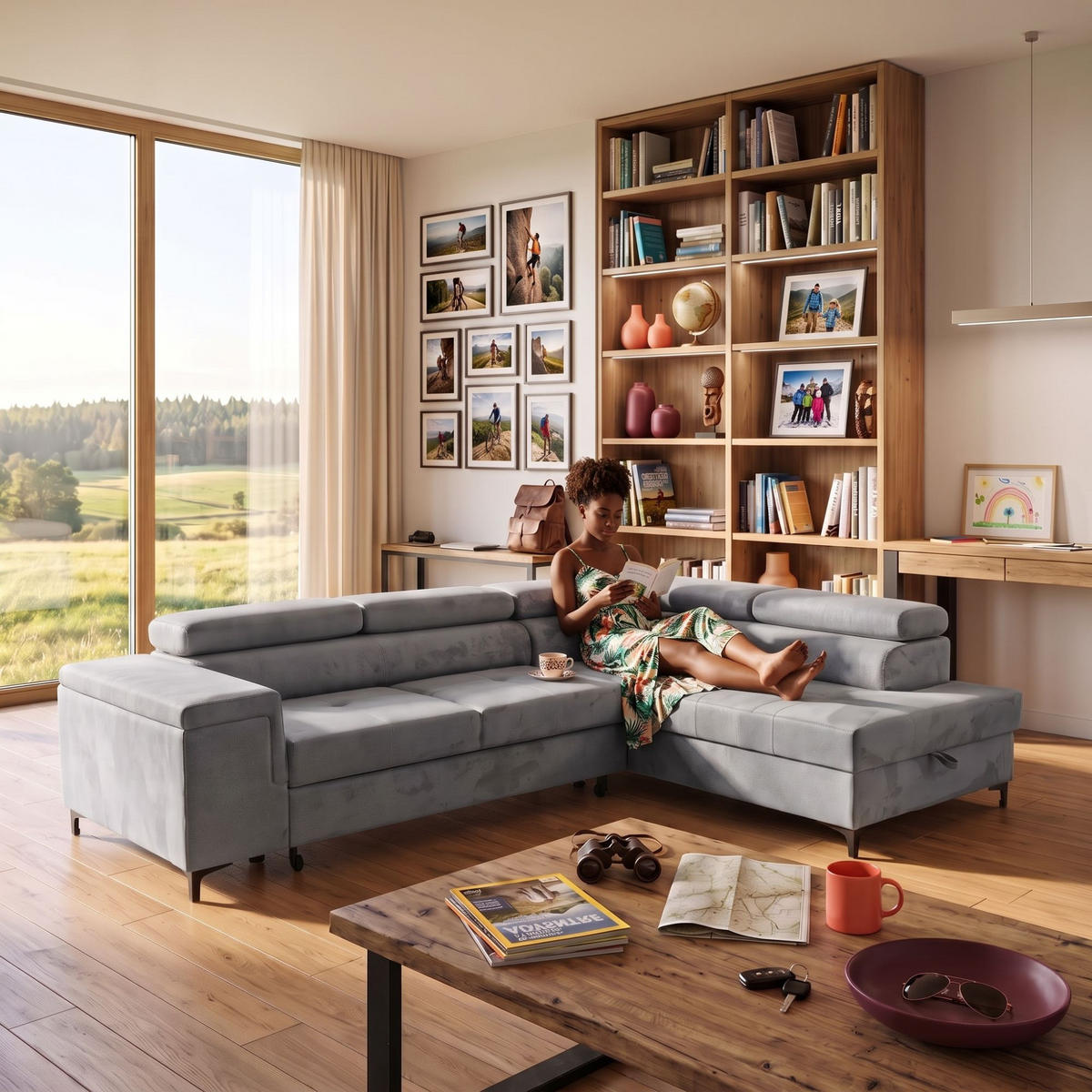 ECKSOFA WILLIAM L Rechts mit Schlaffunktion 127x195 Velours Hellgrau - Silberfarben/Hellgrau, Holz/Textil (203/275cm) - Muffo