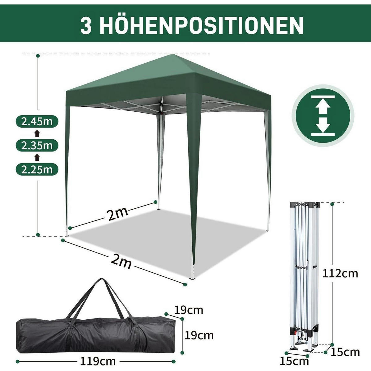FALTPAVILLON 2 x 2 m Grün Wasserdicht UV Schutz 4 Seitenteile - Grün, Textil (200/245/200cm)