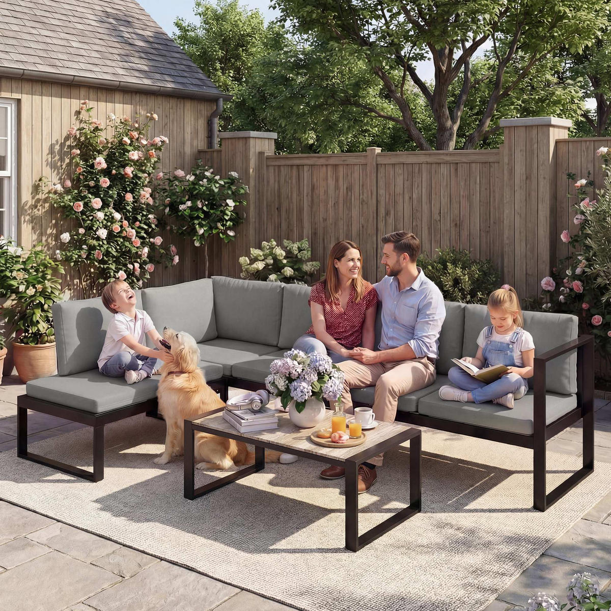 LOUNGEGARNITUR DE-13520 5 Personen, 2 Sofas, mit Tisch Dunkelgrau - Dunkelgrau, Metall - ComfortXL
