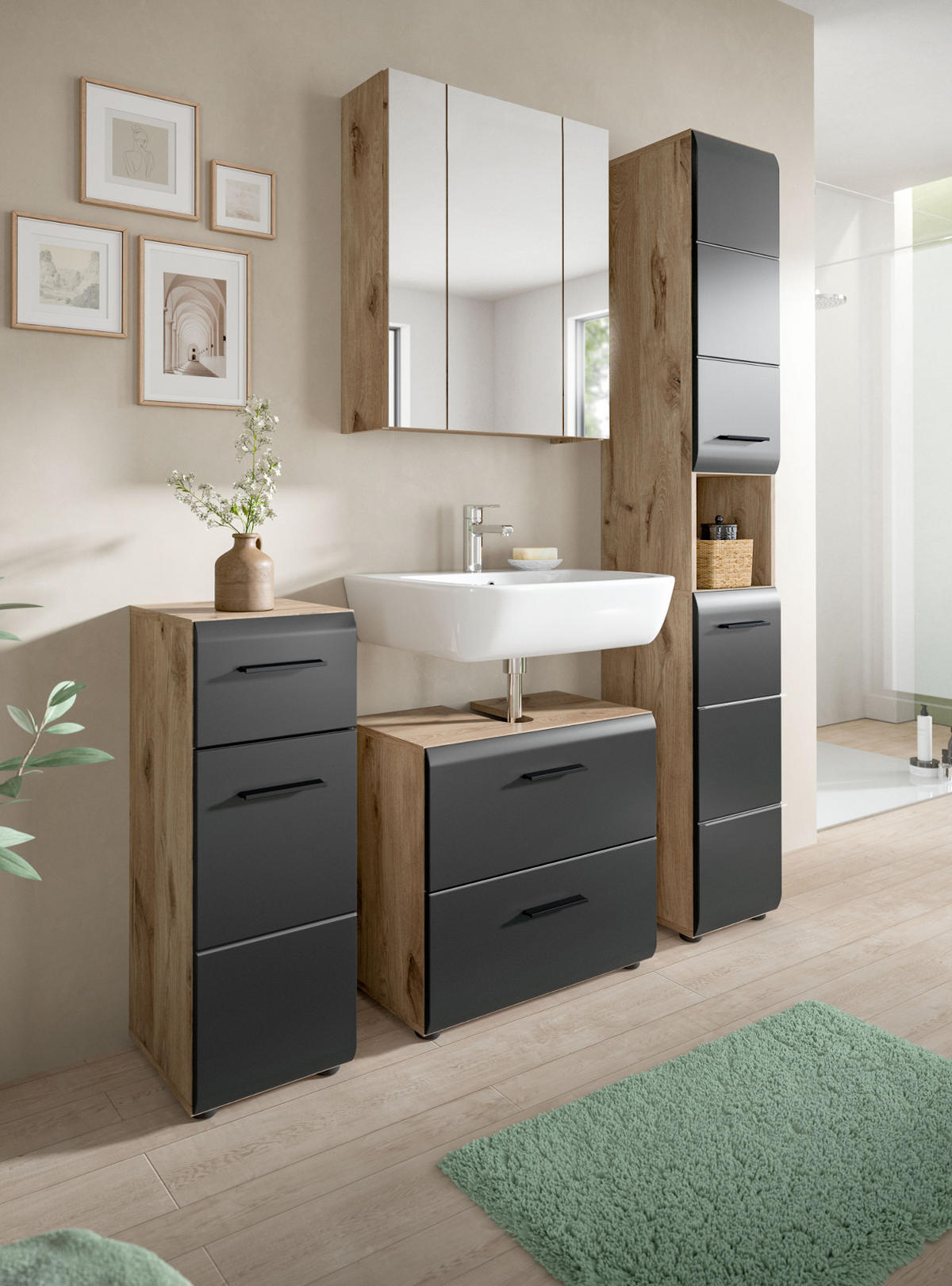 BADMÖBEL-SET 4-teilig Schwarz matt, Eiche Nox 150 x 185 cm, mit viel Stauraum und Vollauszug - Eichefarben/Schwarz, Glas/Holzwerkstoff (150/185/30cm) - Inn.Furn