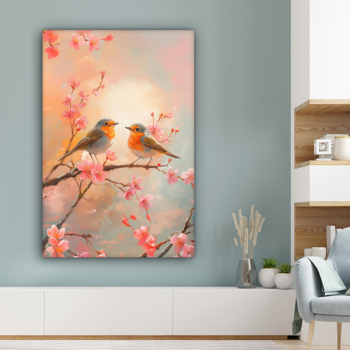 LEINWANDBILD Rotkehlchen - Zierpflanze - Blütenzweig 80x120 cm - Hellrosa, Textil (80/120cm) - MuchoWow
