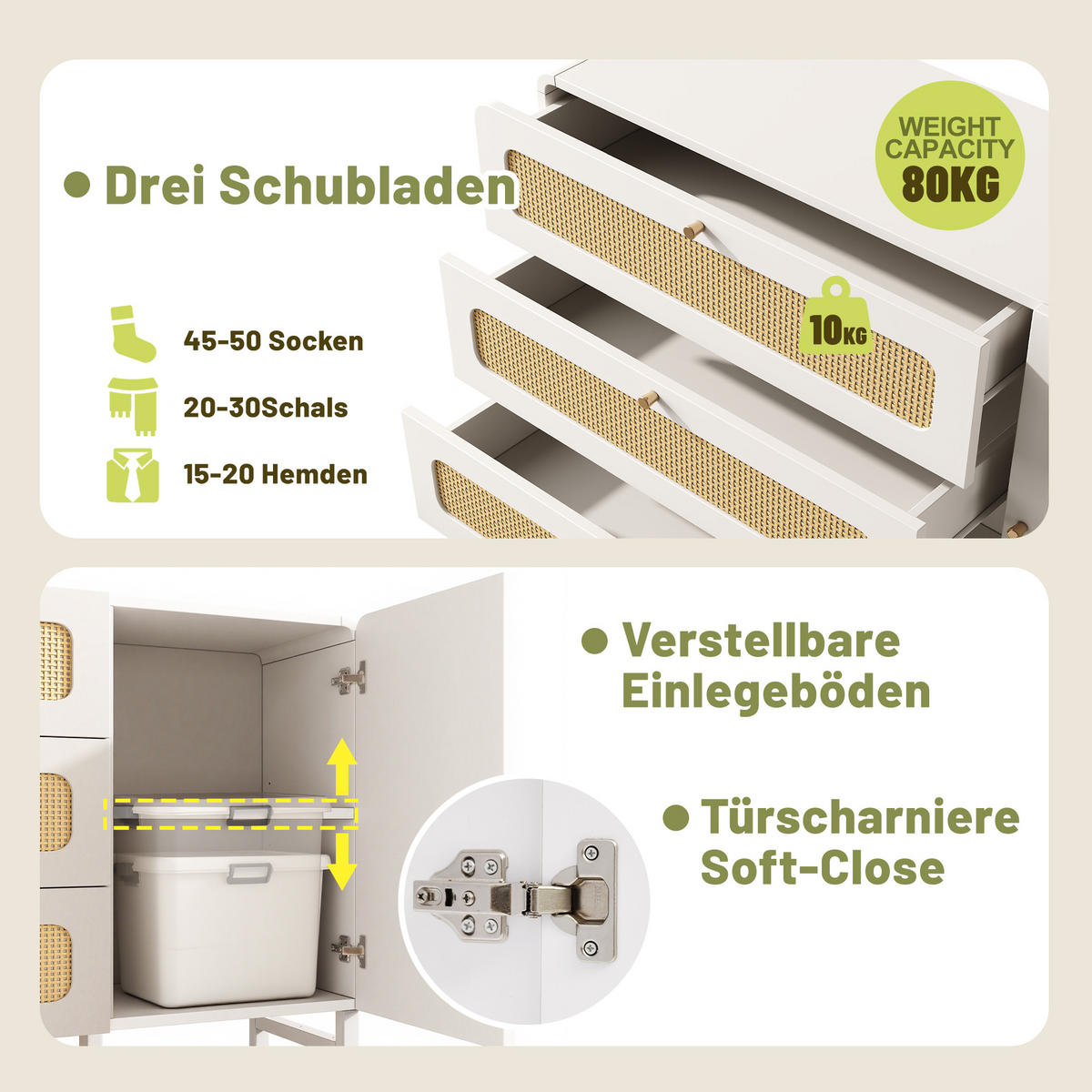 KOMMODE in Weiß Rattan-Sideboard mit Schubladen und Goldgriffen für Wohnzimmer, B120/T40/H85 cm - Weiß/Naturfarben, Holzwerkstoff/Metall (120/85/40cm) - STILVORA