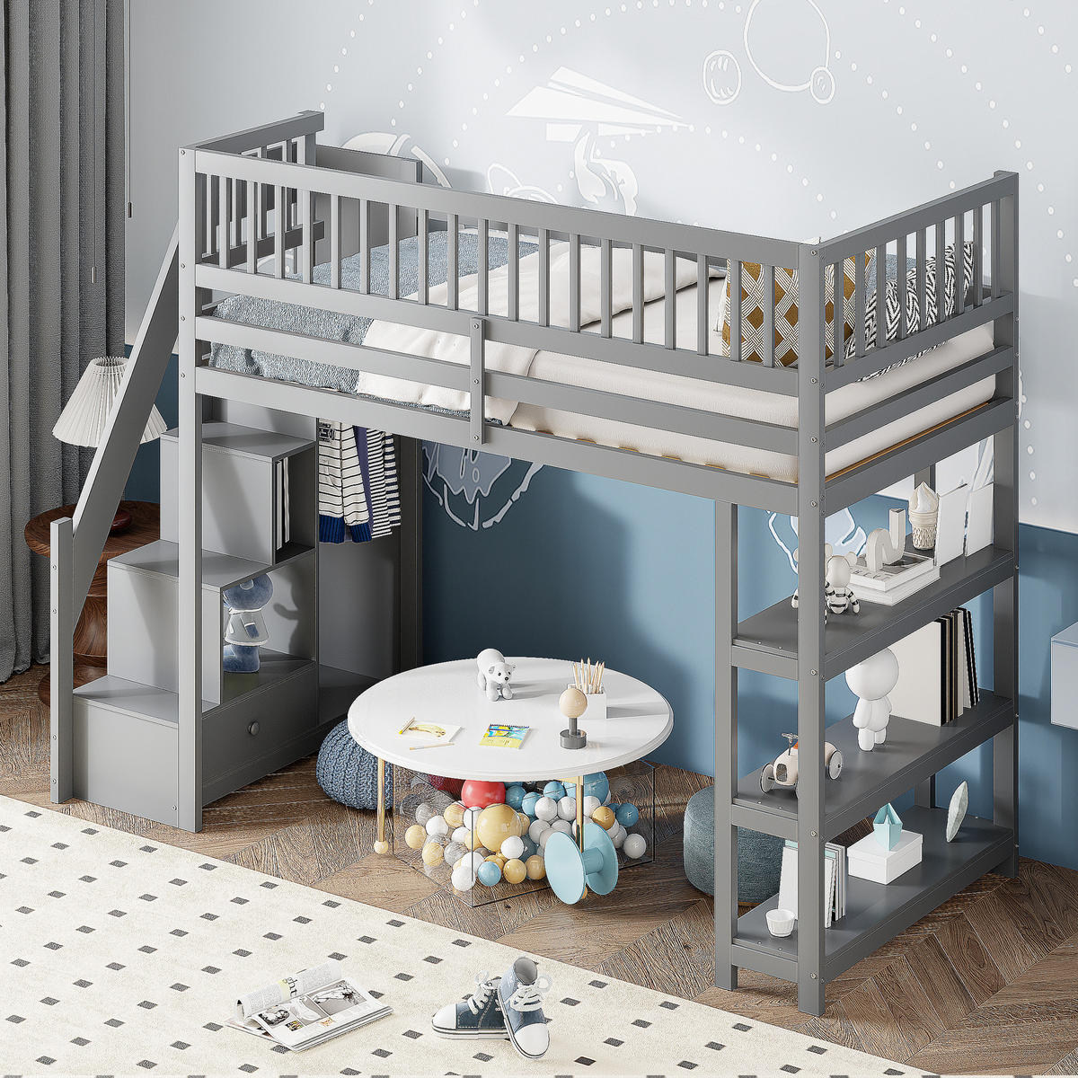 HOCHBETT 90/200 cm grau mit Sicherheitsleiter und Stauraum - Grau, Holz (90/200cm) - OKWISH