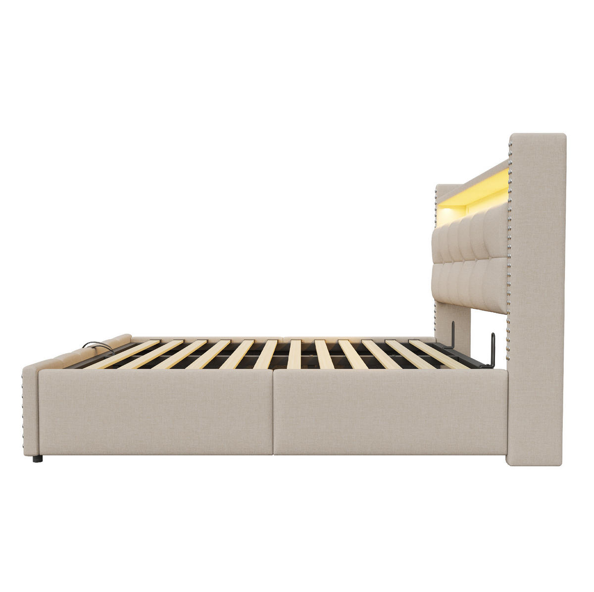 ČALOUNĚNÁ postel, 180/200 cm, béžová, lněný vzhled, LED, USB a úložný prostor - béžová, textil (180/200cm) - BEAOK
