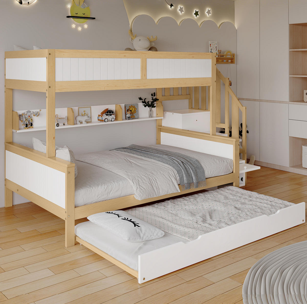 ETAGENBETT aus Kiefernholz und MDF 90x200/120x200 cm Weiß/Natur mit Stauraumtreppe und Rollbett - Weiß, Holzwerkstoff (90/200cm) - IVMEU