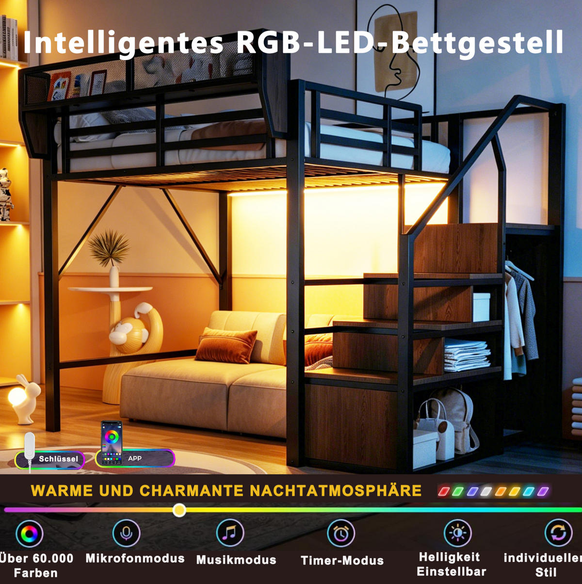 HOCHBETT 140/200 cm aus Metall mit LED-Lichtstreifen, Schwarz - Schwarz, Metall (140/200cm) - OKMYHOME