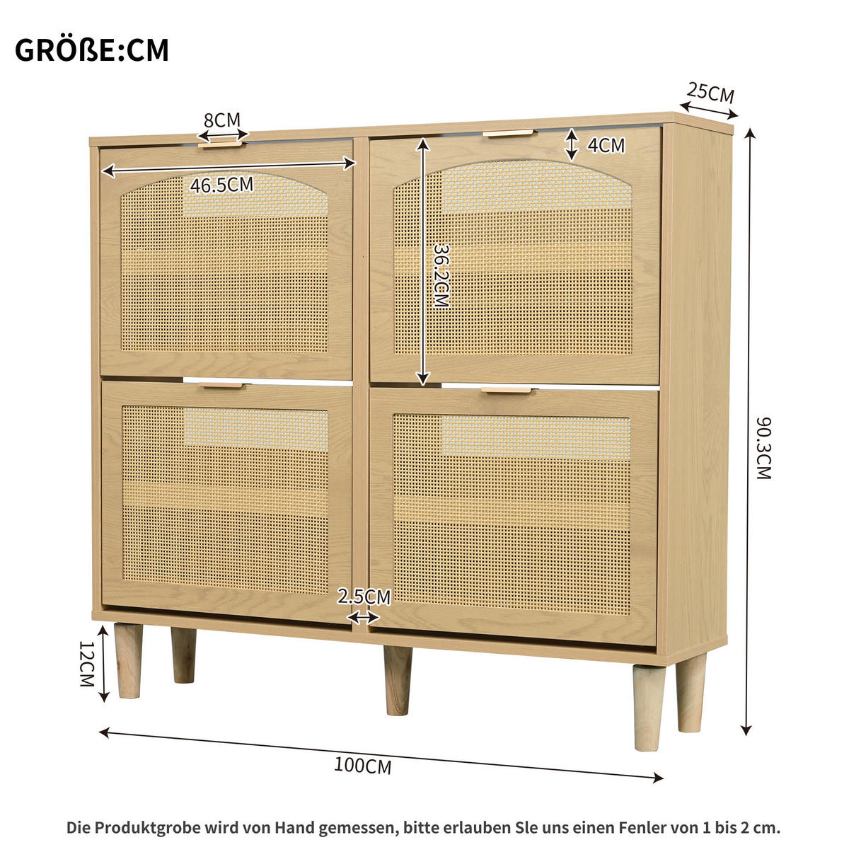 SCHUHSCHRANK 100/25/90 cm in Eichefarben mit 4 Klappen und Rattanfront - Naturfarben, Holzwerkstoff (100/90/25cm) - Flora Grace