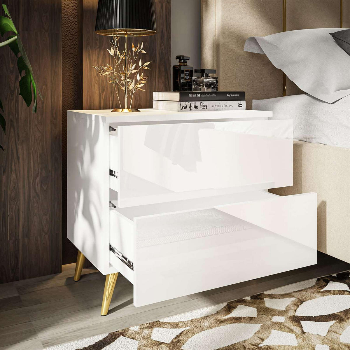 NACHTTISCH AURA PUSH OPEN mit goldenen Beinen - Weiß, Holzwerkstoff (55/55/37cm) - Lookway